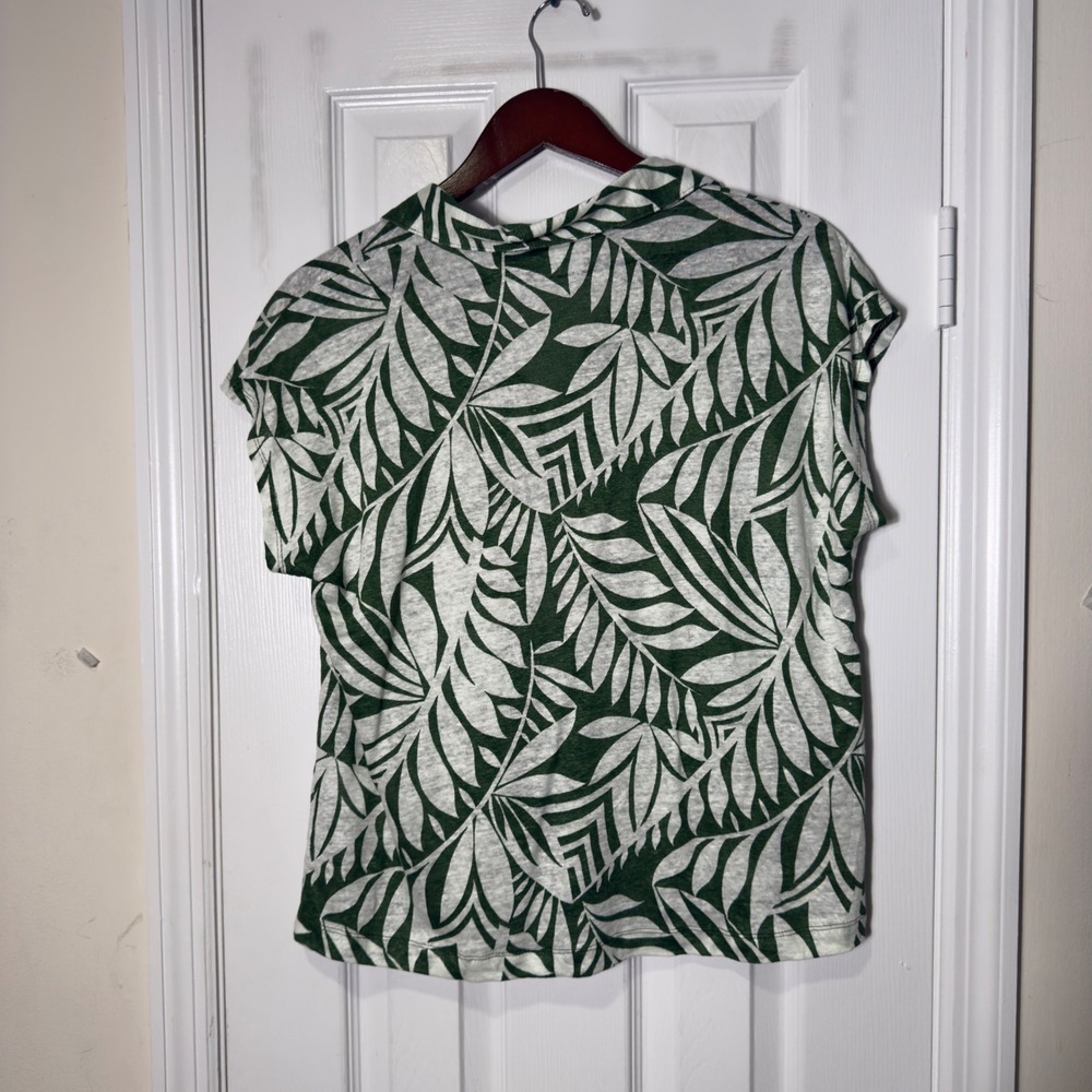 Nicole Miller New York 100% Linen Top Size L Green Tropical Leaf Print Blouse - Picture 4 of 4